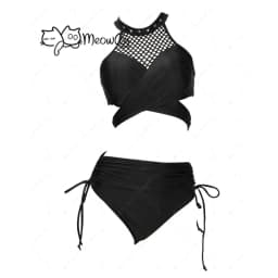MEOWCOS Women Gothic Swimwear Fishnet Hollow Black Two Piece Swimsuit Halter Short Top and High Waist Bottoms Bathing Suit