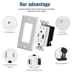 2PK 4.2/5.8A 110V Dual USB Port Type C Wall Socket with LED Indicator Charger AC Power Receptacle Tamper Resistant Outlet Panel