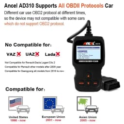 ANCEL AD310 Car Full OBD2 Diagnostic Tools OBD II Automotive Professional Auto Code Reader Scanner Check Engine Light DTC Lookup