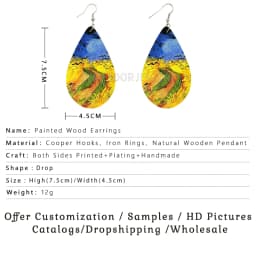 SOMESOOR Van Gogh Starry Night Art Printed Wooden Drop Earrings Golden Field Village Teardrop Pendant Dangle Jewelry Women Gifts