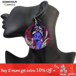 SOMEHOUR African Art Drawings Handmade Wooden Drop Earrings Afro Ethnic Combs Headwrap Printed Tribal Loops Dangle For Women