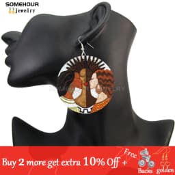 SOMEHOUR African Art Drawings Handmade Wooden Drop Earrings Afro Ethnic Combs Headwrap Printed Tribal Loops Dangle For Women