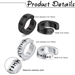BONISKISS 2 Pairs Norse Viking Earrings Stainless Steel Nordic Elder Futhark Runes Hoop Huggie Hinged Fake Stud Men Women Unisex
