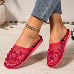 Mesh Breathable Embroidered Sequin Flower Mules Shoes Summer Comfort Soft Bottom Sandals Women Chinese Style Bamboo Sole Sandals