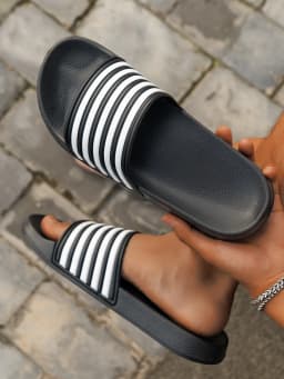 Men's Summer Casual Simple Fashion Flat Solid Color Slip-On Eva One-Piece Black and White Striped Beach Outdoor Home Slippers Lightweight Comfortable Thick-Soled Slide Sandals