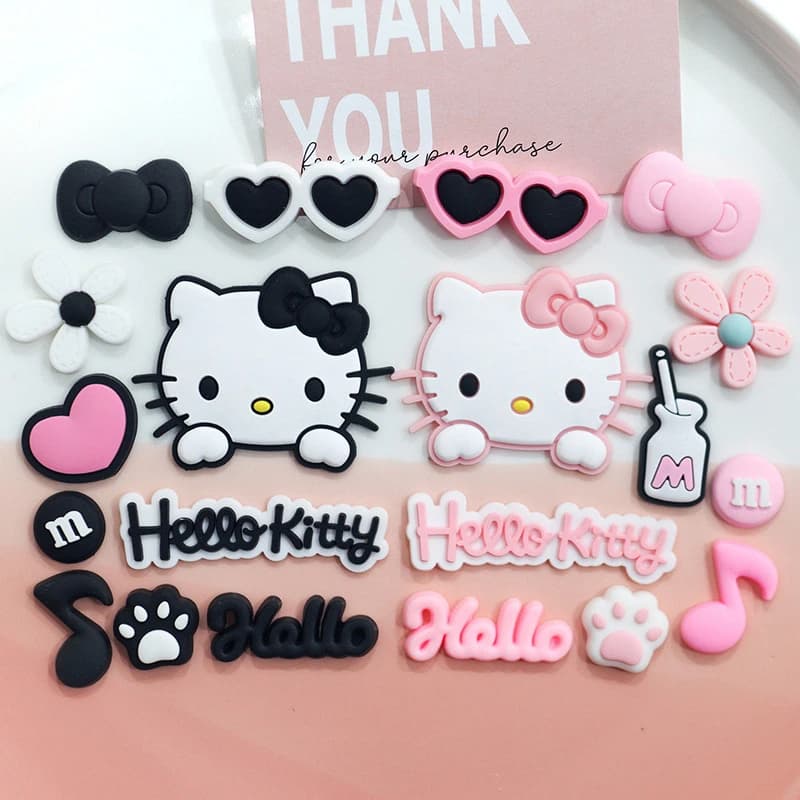 Pink & Black Relaxed Hello Kitty Cat Shoe Charms Set for Sandals & Slippers Accessories Women Girls DIY Decorative for Slides