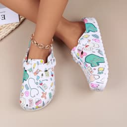 Women Cartoon Printing Mule Clogs Adjustable Buckle Nurse Shoes Non-Slip Closed Toe Comfort Indoor Slippers for Beach & Garden