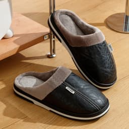 Pu Leather Big Sizes Men slippers Indoor Fur Flat Men's Winter Home Slipper Cotton Bedroom House Shoes