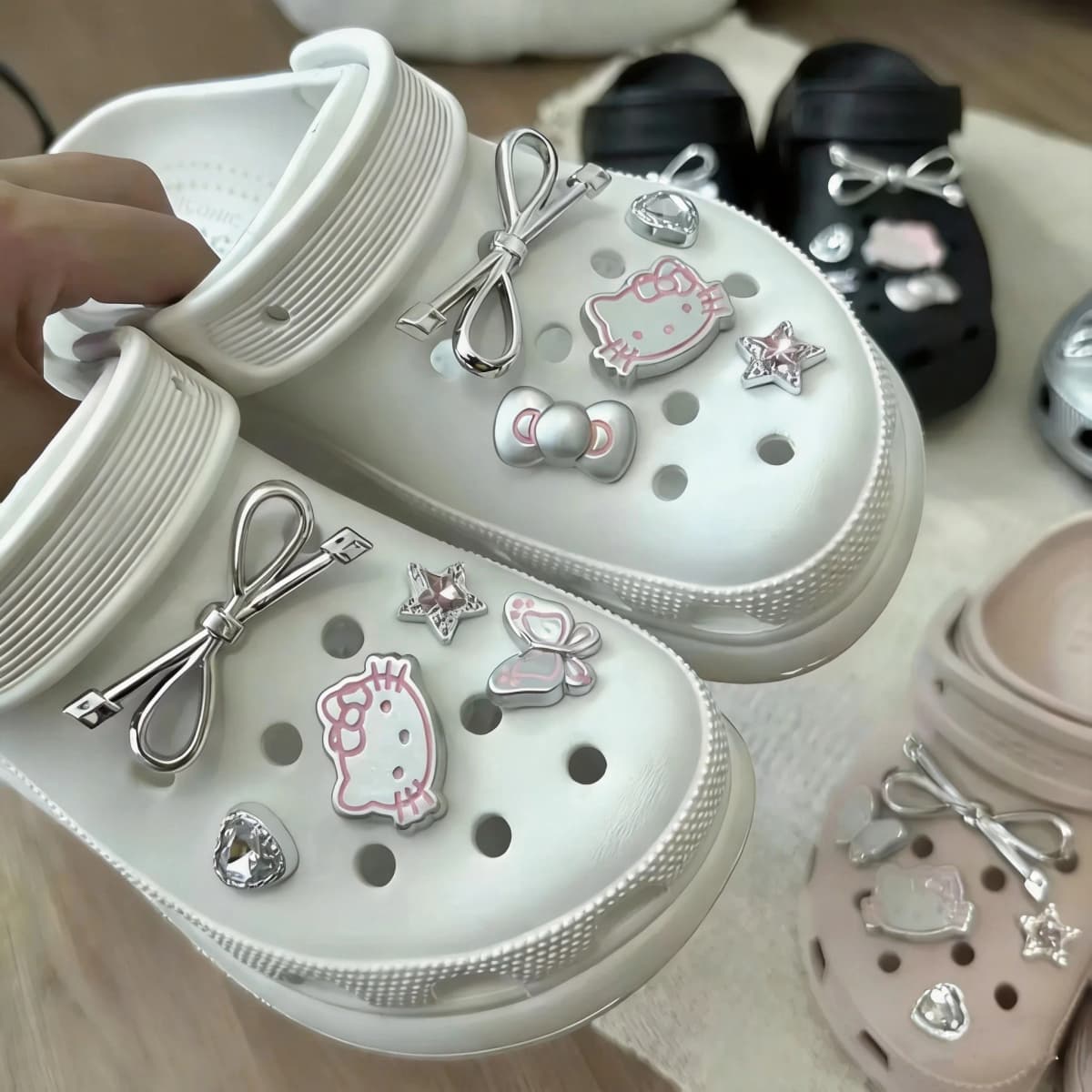 Hello Kitty Shoe Charms Set Silver Katie KT Cat Girls Women Sandals Accessories Hole Shoes Slippers & Clogs Decoration