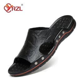YRZL Mens Sandals PU Leather Classic Summer Men Slippers Soft Black Slippers Big Size Slippers Lightweight EVA Slides for Men