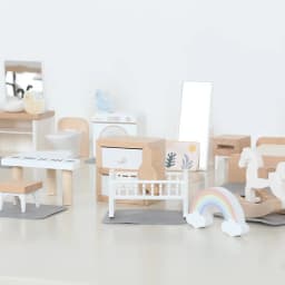Modern dollhouse furniture kitchen wood miniature bathroom bedroom dolls house kitchen items table and chairs baby accessories