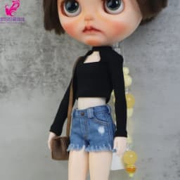 Blythe Doll Jeans Short Pants and Plaid Blouse for Ob24 Ob22 Azone Doll Clothes
