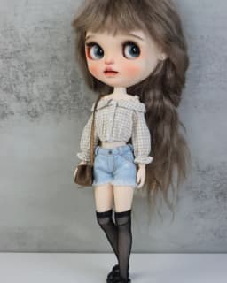 Blythe Doll Jeans Short Pants and Plaid Blouse for Ob24 Ob22 Azone Doll Clothes