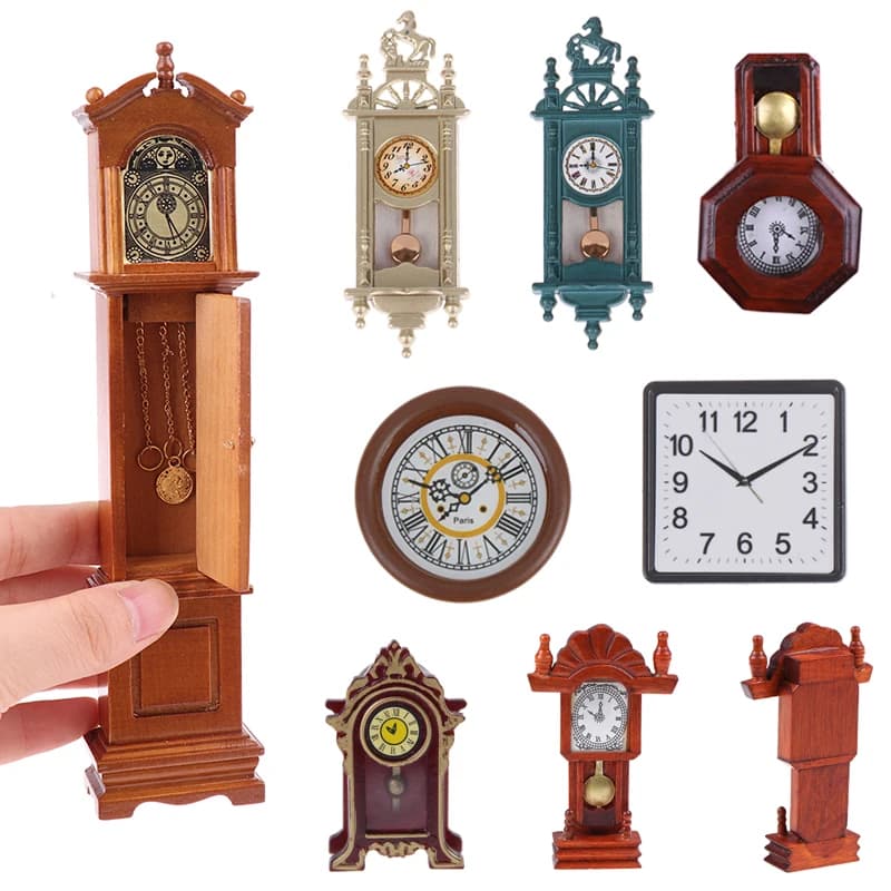 Vintage 1/12 Dollhouse Miniature Grandfather Clock Wooden Mini Model Furniture Toy DIY Doll House Decoration Accessories