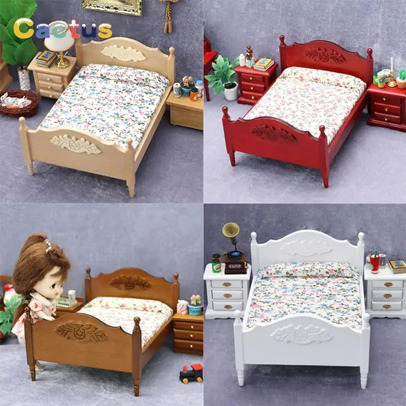 1Pc 1:12 Dollhouse Miniature Bedroom Double Bed European Simulation Furniture Model Living Scene Decor Toy