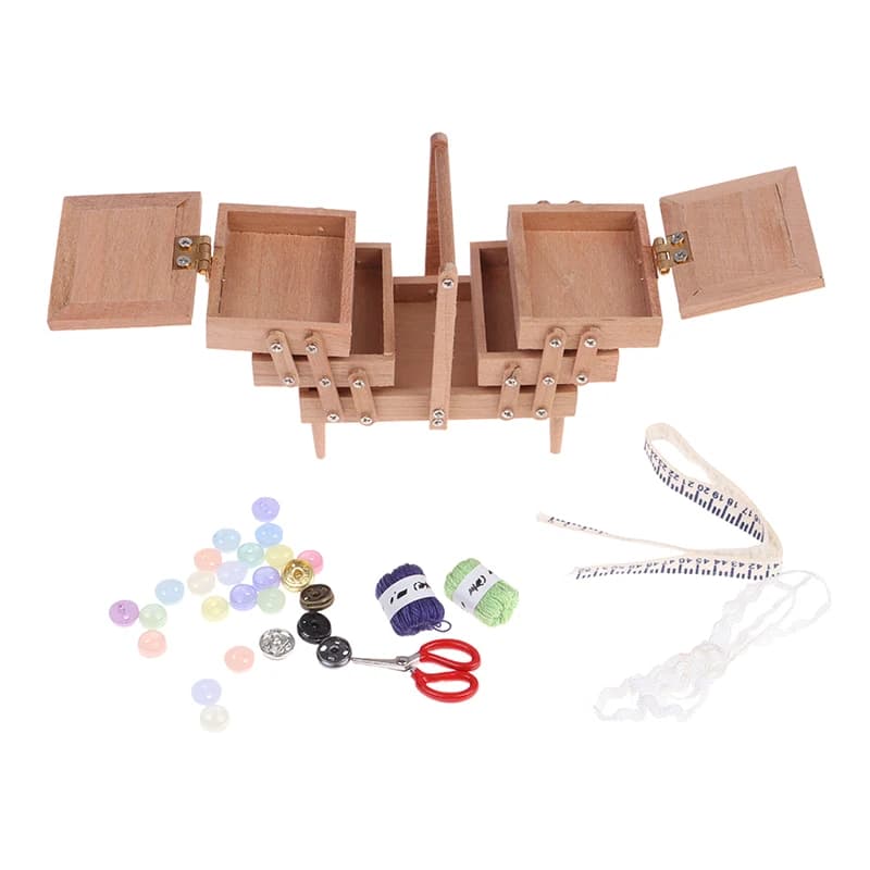 1set 1:12 Dollhouse Miniature Sewing Box with Needle Scissors Knitting Tool Tailor Set Living Scene Decor Play House Toy