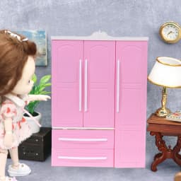 Three-door Pink Modern Wardrobe for Dolls Furniture Clothes Accessories Toys