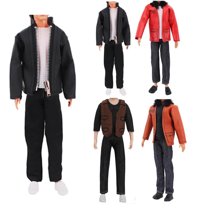 2 Sets/Pack Handmade Fashion Leather Clothes for Doll 11.5in/30cm Casual Cool Style 3pcs/Set Jacket Coat Vest and Pants
