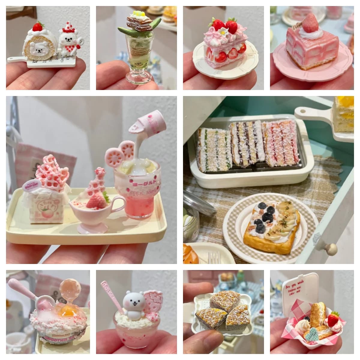 Handmade Premium Mini Strawberry Dessert Set - Cake/Roll/Ice Cream/Milk | Dollhouse Decor | Artisan Crafted Pink Baking BJD Toys