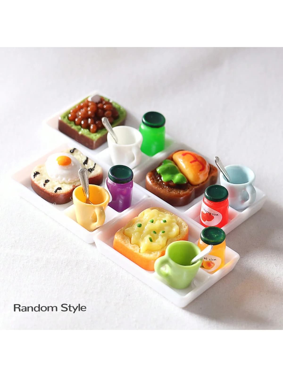 Random 1 set,Dollhouse Miniature Food Set 1:12 Scale Mini Simulation Kitchen Toys, Includes Jam, Toast, Cups, Spoons, Plates,
