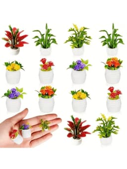 1/12 Dollhouse Miniature Potted Plant, Realistic Greenery & Flower Decor Model, Random 4pcs