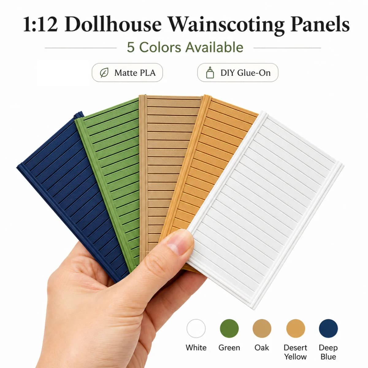 1:12 Dollhouse Wainscoting Panels Miniature Wall Decor, Matte PLA Glue-On Beadboard Trim, 5 Colors for DIY Dollhouse Rooms