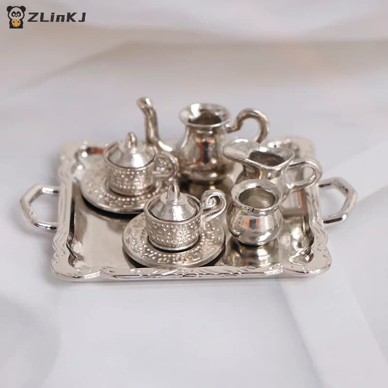 ▶1:12 Dollhouse Miniature Silver Metal Tea Coffee Tray Tableware Set