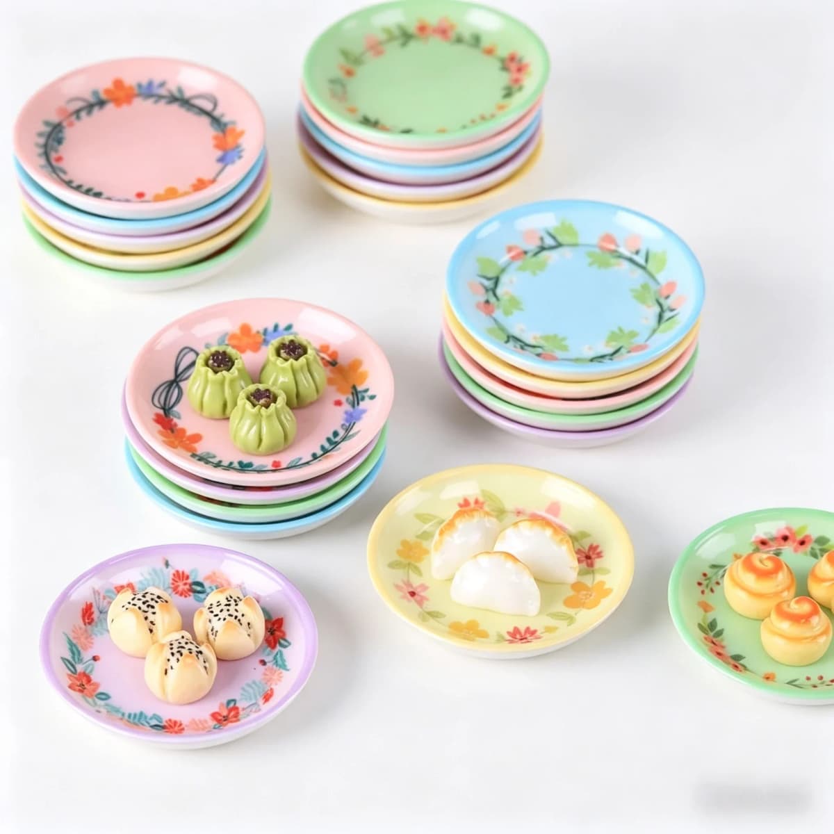 10Pcs 1:12 Scale Dollhouse Mini Country‑Style Floral Plate Model, Beautiful Decorative Dish Ornaments for Food Play Scene Layout