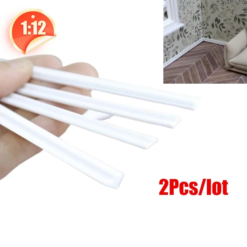 2PCS 1:12 Dollhouse Miniature Miniature Skirting Line Wall Panel Waist Lines White Baseboard Top Line Bathroom Living Room Decor