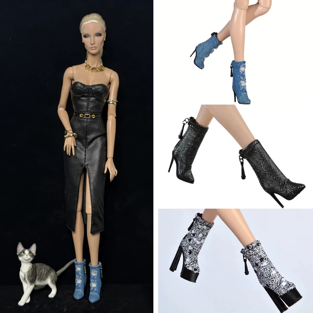 Doll Shoes Parts 1/6 Supermodel Doll Original Design Fashion Denim High Heels Trend Chunky Soles Boots For FR2 Nu.face Babi