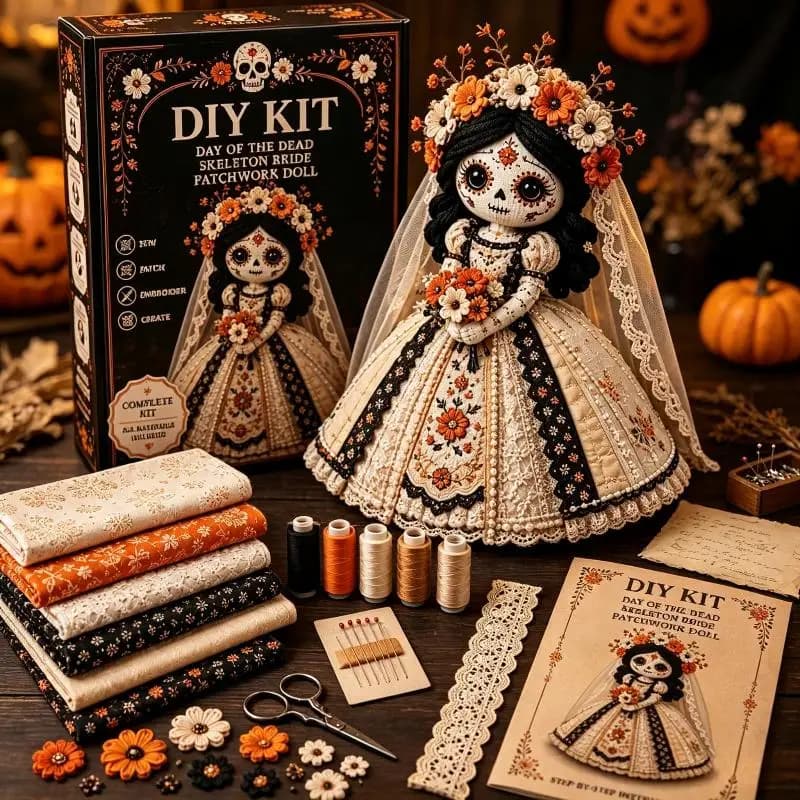 Day Of The Dead Patchwork Doll Making Kit With Felt Pieces Plastic Needle Hand Sewing Craft Set Beginner DIY For Doll Lover Gift