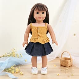 Doll Clothes Set Ribbed Cami Top Denim Pleated Skirt + Heart Shoes Outfit Fit 18 Inch American & OG Girl Dolls Toy Accessories