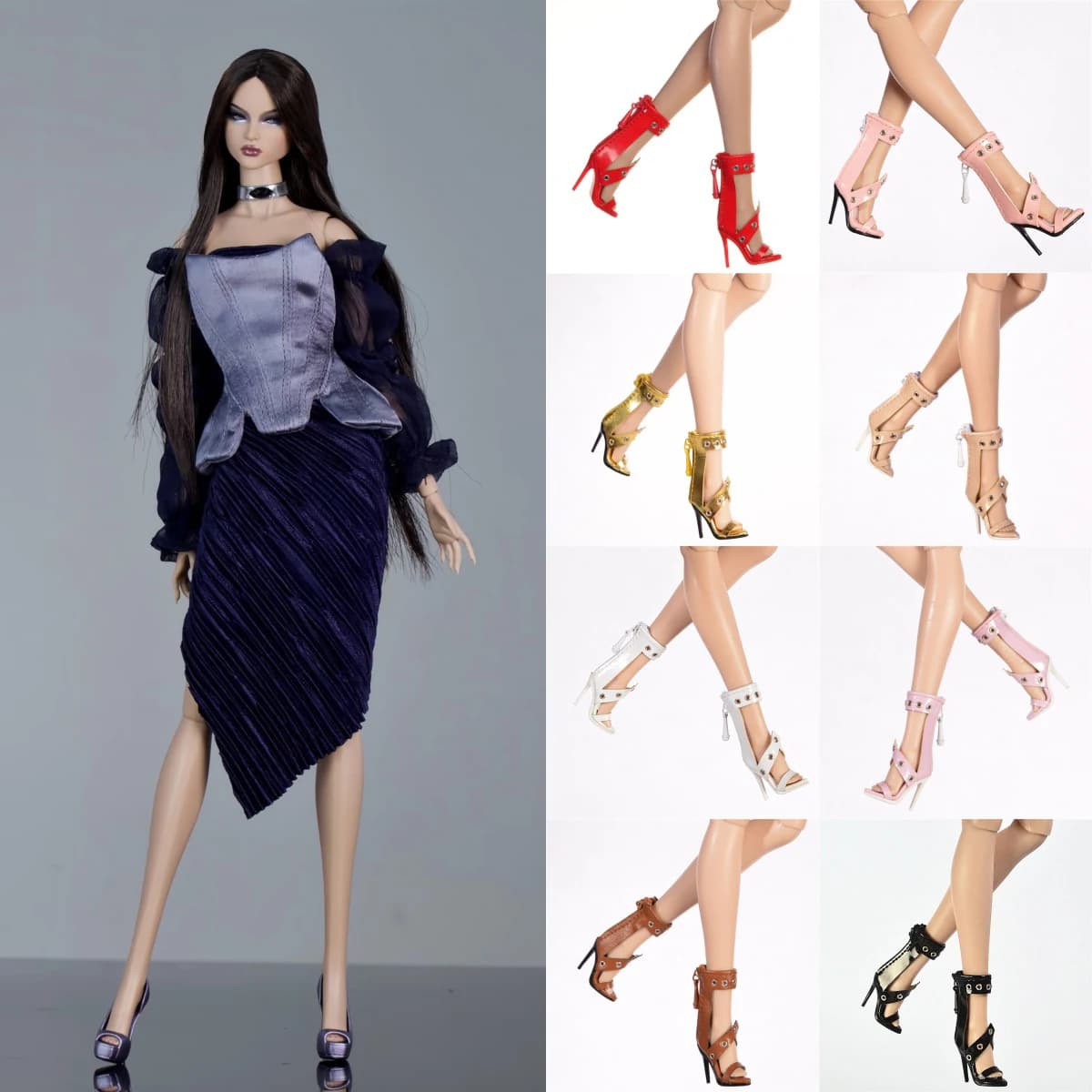 1/6 Doll Shoes Accessories Fashion Punk Rivet Ankle Stiletto Sandals High‑Cut High Heels For FR2 PP Nu.face Babi Supermodel Doll