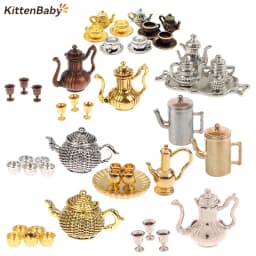 1:12 Doll House Miniature Metal Tea Set/Wine Set Model Doll House Furniture Miniature Dining Ware Toy Teapot Cup Plate