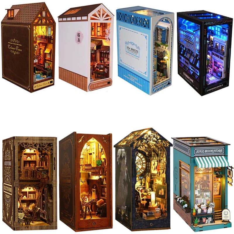 DIY Book Nook Kit Shelf Inser Dollhouse Model Building Kit Wooden Bookshelf Room Dollhouse Bookend Toy For Adults Birthday Gifts