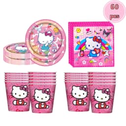60Pcs Cute Pink Cartoon Cat Birthday Party Decor Plates Cups Napkin Disposable Tableware for Girls Birthday Baby Shower Supplies