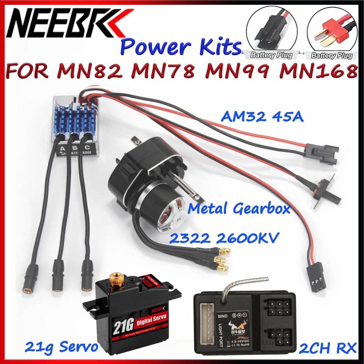 Full Metal Gearbox 2322 2600KV Brushless Motor AM32 45A ESC 21g Servo/2CH Receiver for RC Car Crawler MN82 MN78 MN168 MN99 MN98