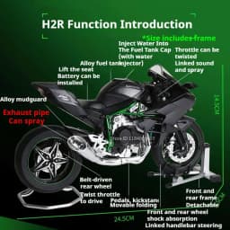 1:9 Scale H2R Motorcycle Model Toy Car Alloy Body Ignitable Start Spray Motor Models Shock Absorption Vehicles for Boys Toys