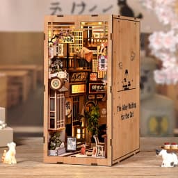 Zuuton DIY Wooden Book Nook Shelf Insert Kit Japanese Alley Miniature Model with LED Light 3D Puzzle Bookend Creative Gift Home