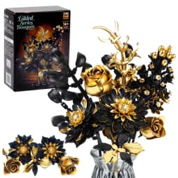 Creative Purple Flower Black Golden Rose Bouquet Building Blocks Home Desk Plant Decoration Assemble Bricks Toys Gift For Lady
