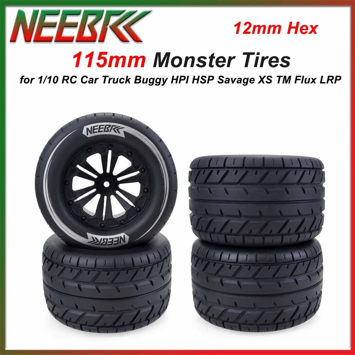 4PCS NEEBRC 115mm Monster Tires 12mm Hex Skidproof Wheel Tyre for 1/10 RC Car Truck Buggy HPI HSP Savage XS TM Flux LRP Parts