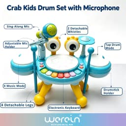 Toddler Big Eyes Crab Hand Drum Percussion Toy, Freely Detachable & Height Adjustable, Comes With Detachable Rattle And Whistle