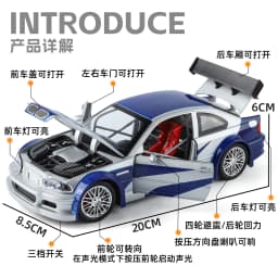 1:24 M3 GTR E46 Racing Alloy Metal Diecast Model Car Sound and Light Pull Back Collectibles Hobby Birthday