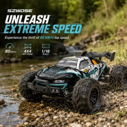 SZWDSE 1:16 Scale 4WD Off Road RC Car, Brushed 50KM/H & Brushless 80KM/H High Speed All Terrain Drift Buggy Truck, Remote Control Racing Toy with Dual Batteries for Kids Adults