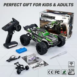 SZWDSE 1:16 Scale 4WD Off Road RC Car, Brushed 50KM/H & Brushless 80KM/H High Speed All Terrain Drift Buggy Truck, Remote Control Racing Toy with Dual Batteries for Kids Adults