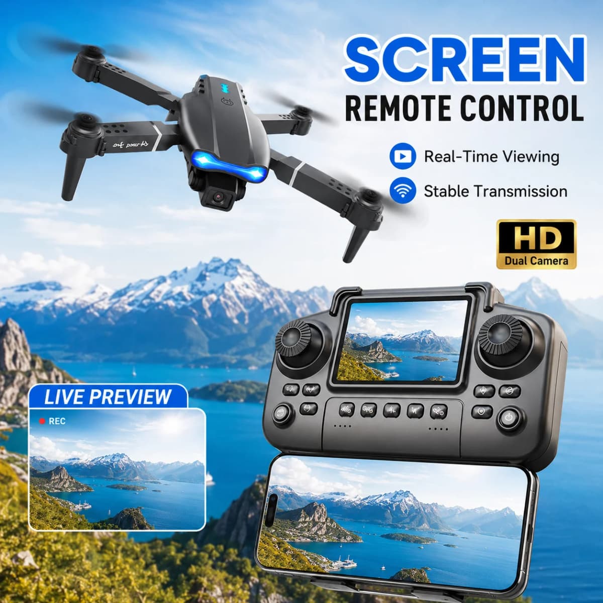 ZNLYRION 4K RC Drone with Screen Remote Control Dual Camera Optical Flow Positioning Obstacle Avoidance Foldable FPV WIFI APP Control One Key Return 360° Flip Quadcopter Toy for Beginners