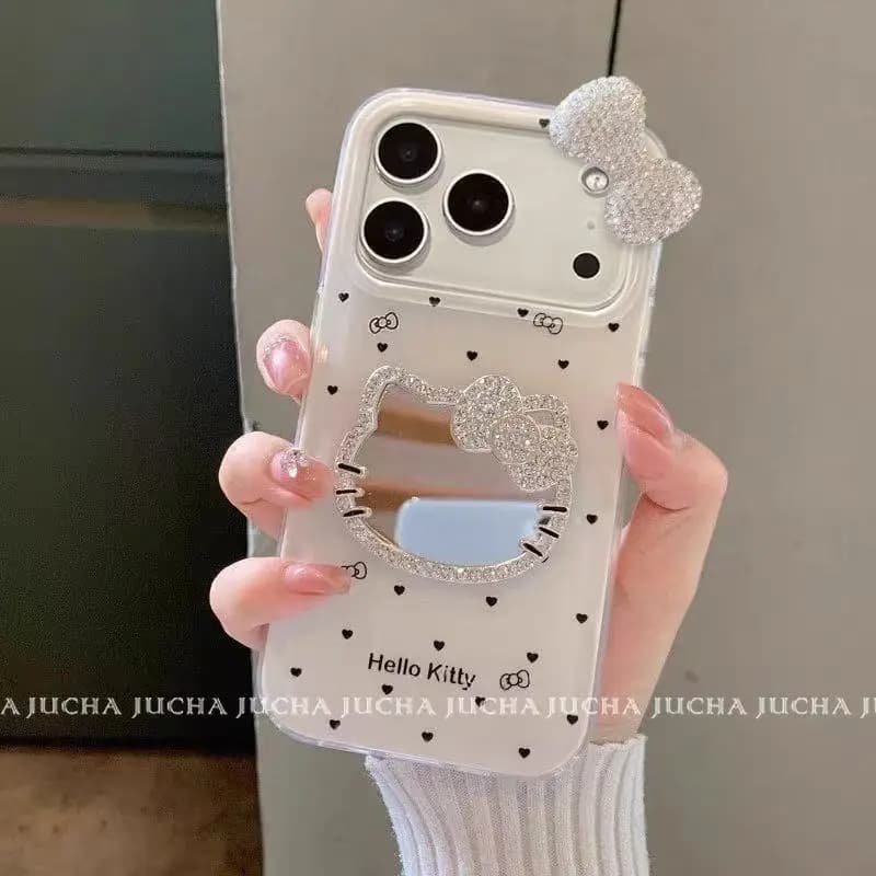 Cartoon Cat Makeup Mirror 3D Bow Case for iPhone 16 Pro Max 15 Cute Glitter Diamond Case for iPhone 14 Pro 17 Glitter Case Gift