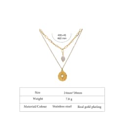 Yhpup Statement Round North Star Layered Pendant Necklace for Women Golden Stainless Steel Natural Pearl Chain Collar Necklace
