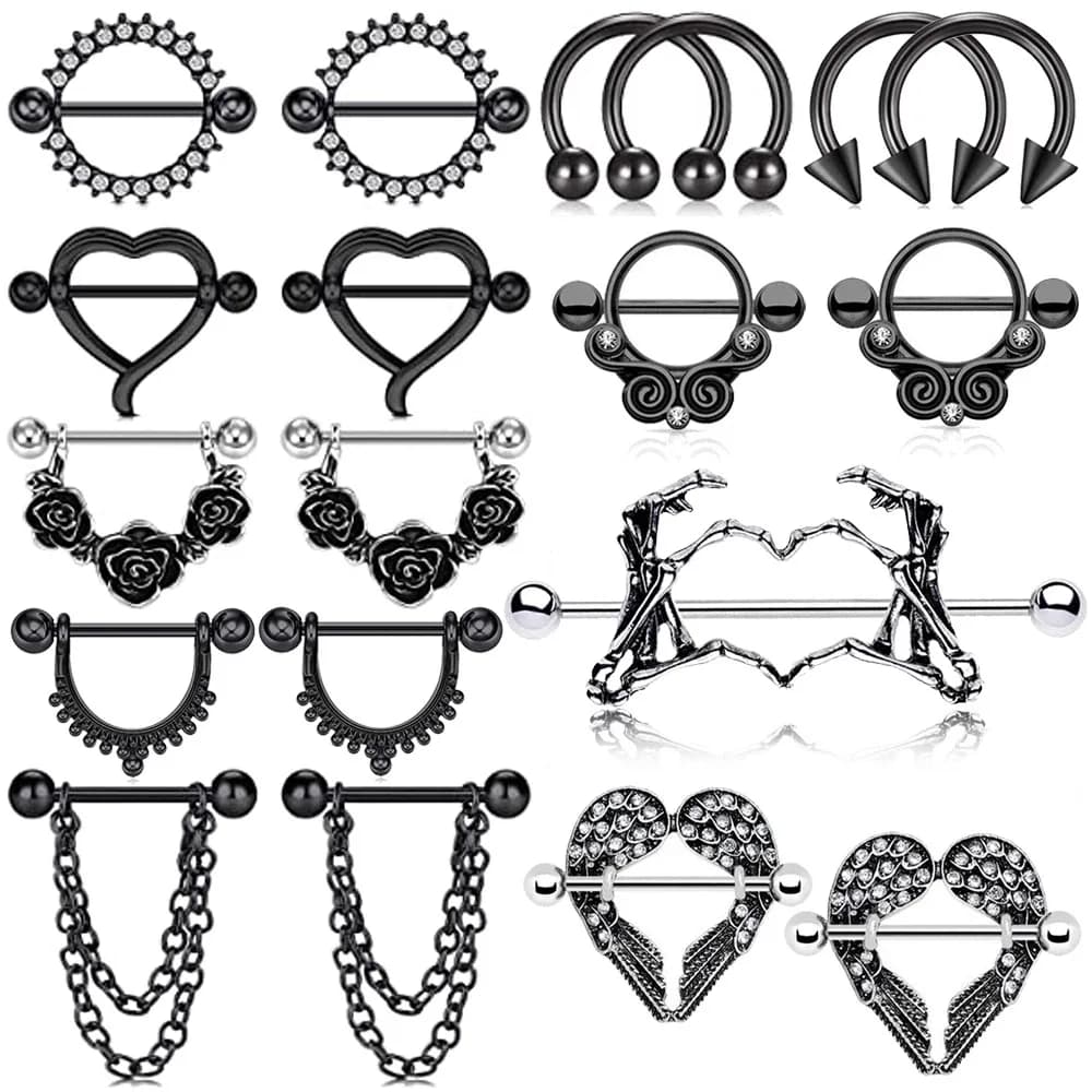 1 Pair Stainless Steel Punk Nipple Piercing for Women 14G Black Rose Flower Heart Nippie Ring Sexy Body Piercing Jewelry