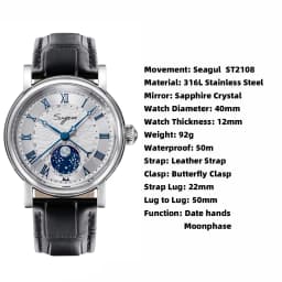 Sugess Watches for Men Automatic Mechanical Watch Moonphase Tianjin ST2108 Waterproof Date Hands Sapphire Crystal Rome Wave Dial